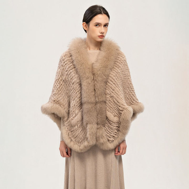 Winter Wedding Real Fox Fur Trimmed Rabbit Fur Knitted Shawl Wrap Cape