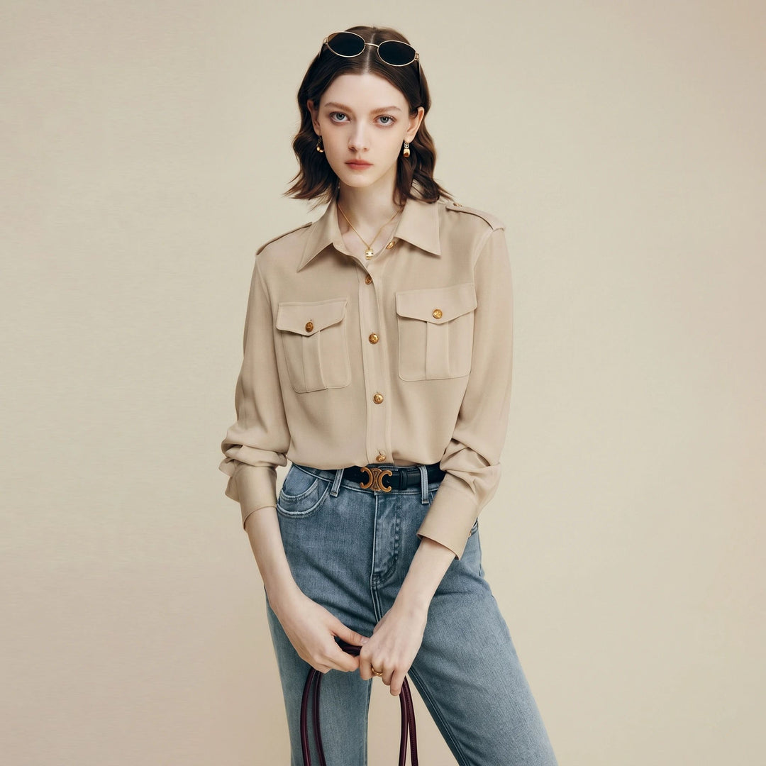 30 Momme Women’s Silk Crepe Utility Shirt with Flap Pockets