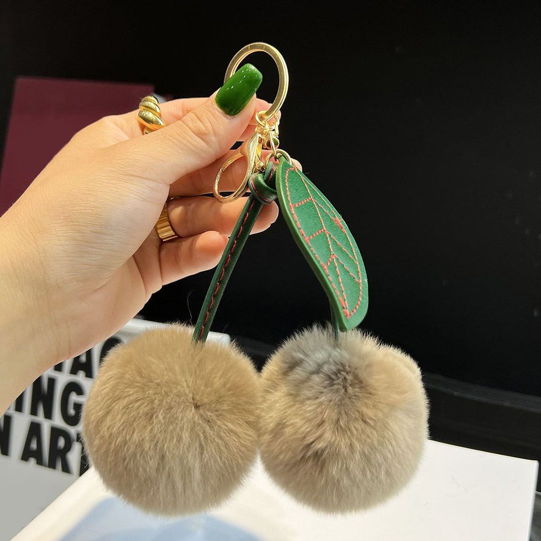 Rabbit Fur Cherry Keychain Cute Pom Pom Plush Bag Car Charm
