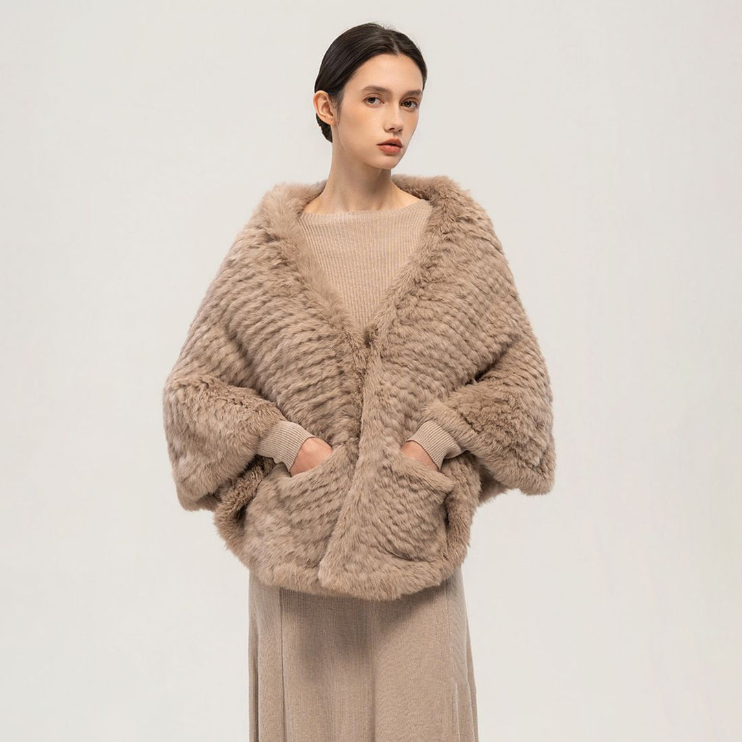 Rabbit Fur Knitted Shawl Wrap with Pockets Affordable Fur Coat
