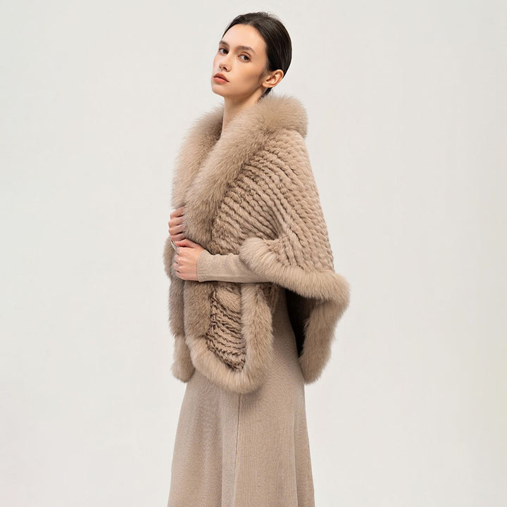 Winter Wedding Real Fox Fur Trimmed Rabbit Fur Knitted Shawl Wrap Cape