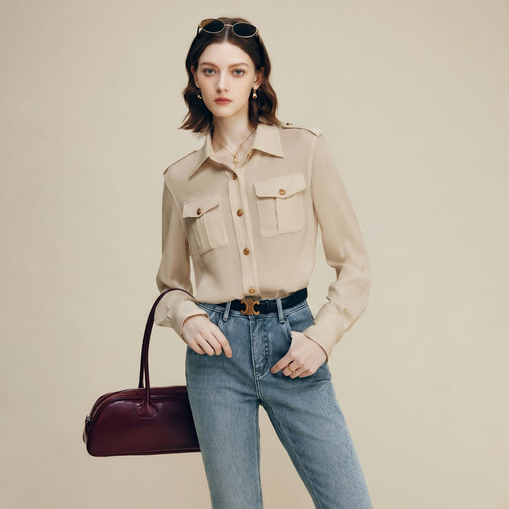 30 Momme Women’s Silk Crepe Utility Shirt with Flap Pockets