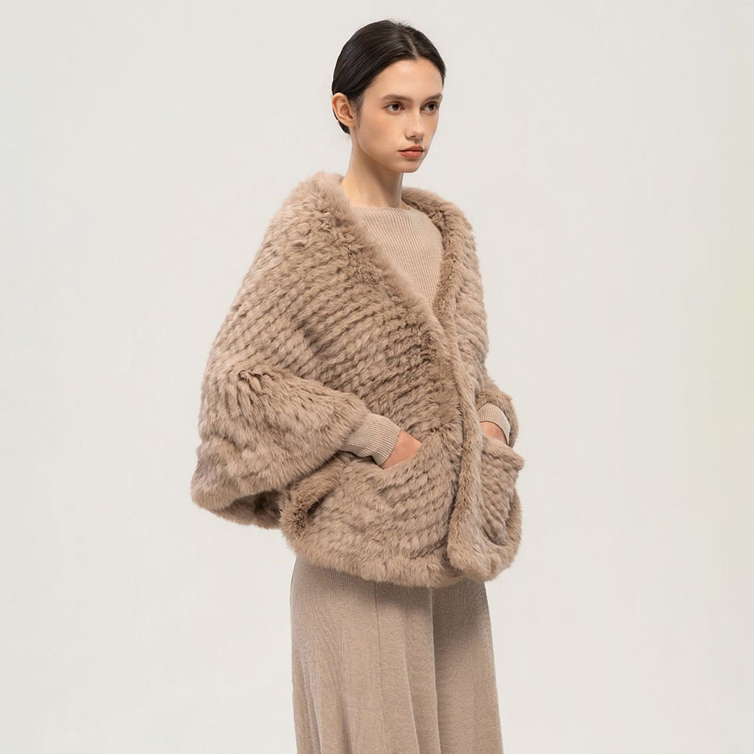 Rabbit Fur Knitted Shawl Wrap with Pockets Affordable Fur Coat