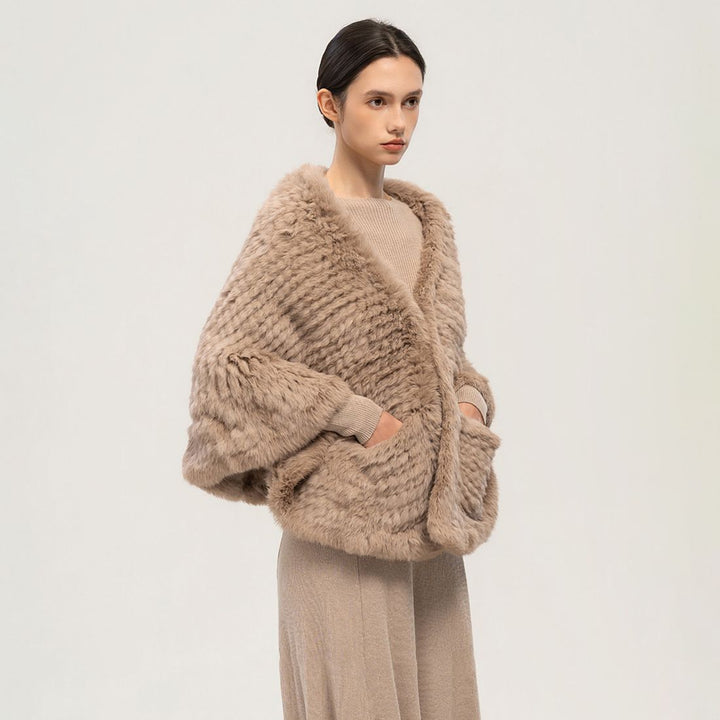 Rabbit Fur Knitted Shawl Wrap with Pockets Affordable Fur Coat