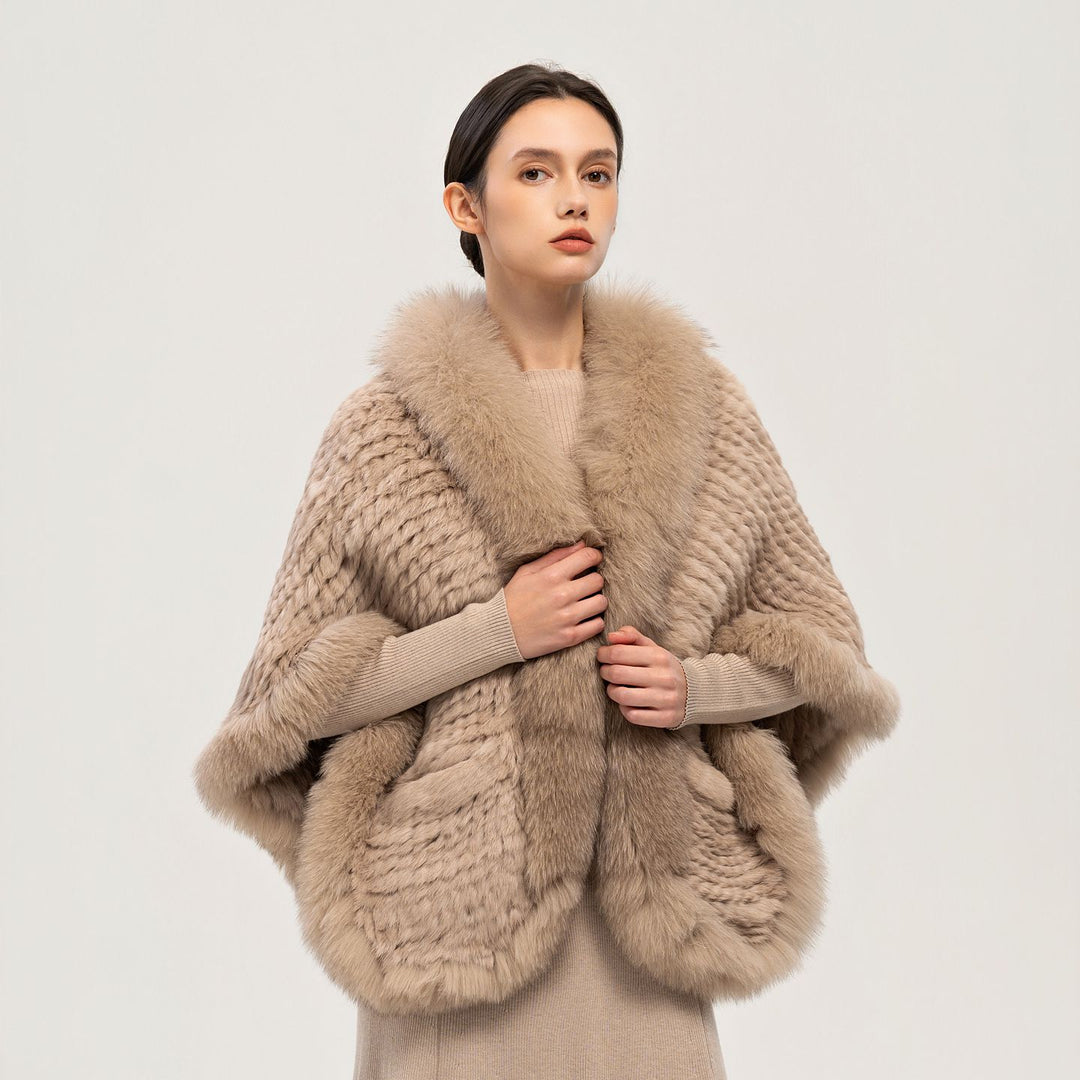 Winter Wedding Real Fox Fur Trimmed Rabbit Fur Knitted Shawl Wrap Cape