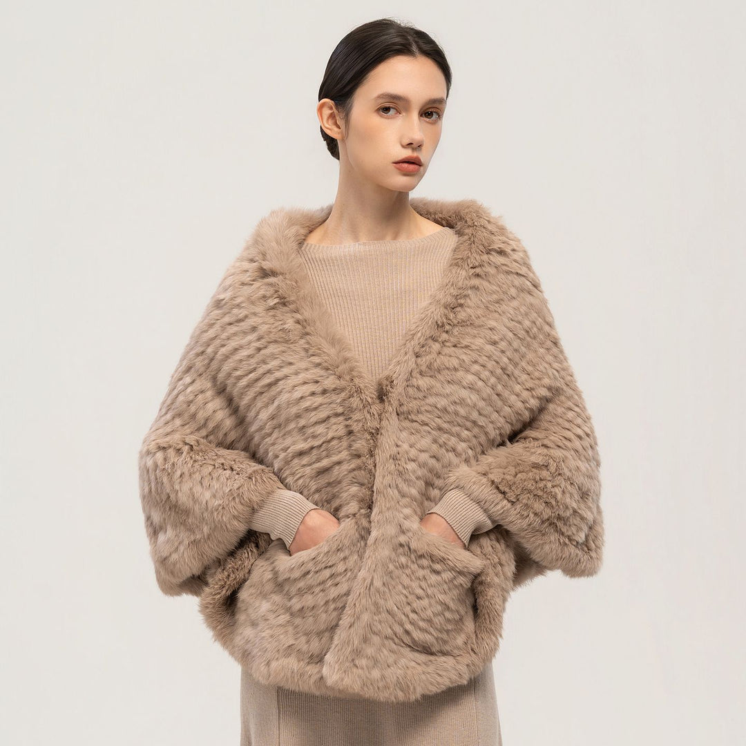 Rabbit Fur Knitted Shawl Wrap with Pockets Affordable Fur Coat
