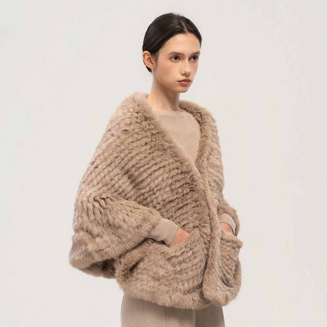 Rabbit Fur Knitted Shawl Wrap with Pockets Affordable Fur Coat