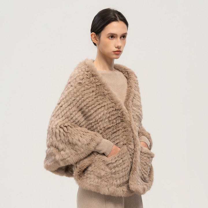 Rabbit Fur Knitted Shawl Wrap with Pockets Affordable Fur Coat