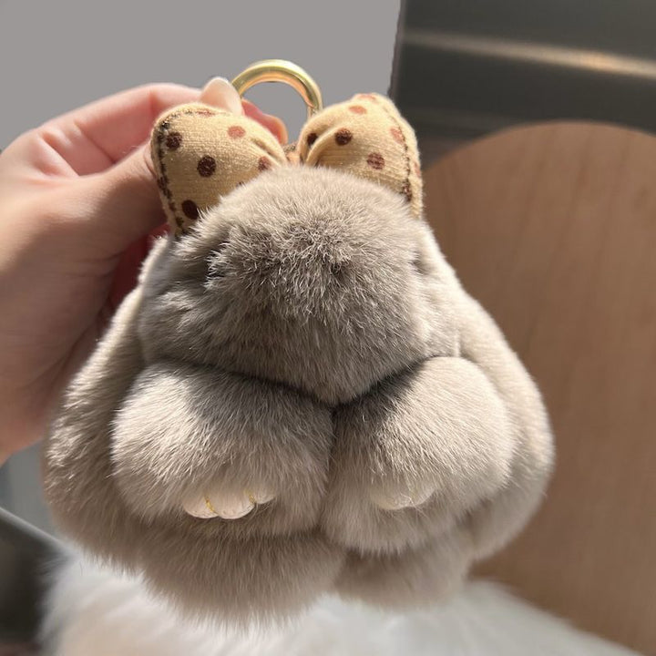 Real Rex Rabbit Fur Bunny Keychain Ultra-Soft Lop Eared Rabbit Key Ring with Bow