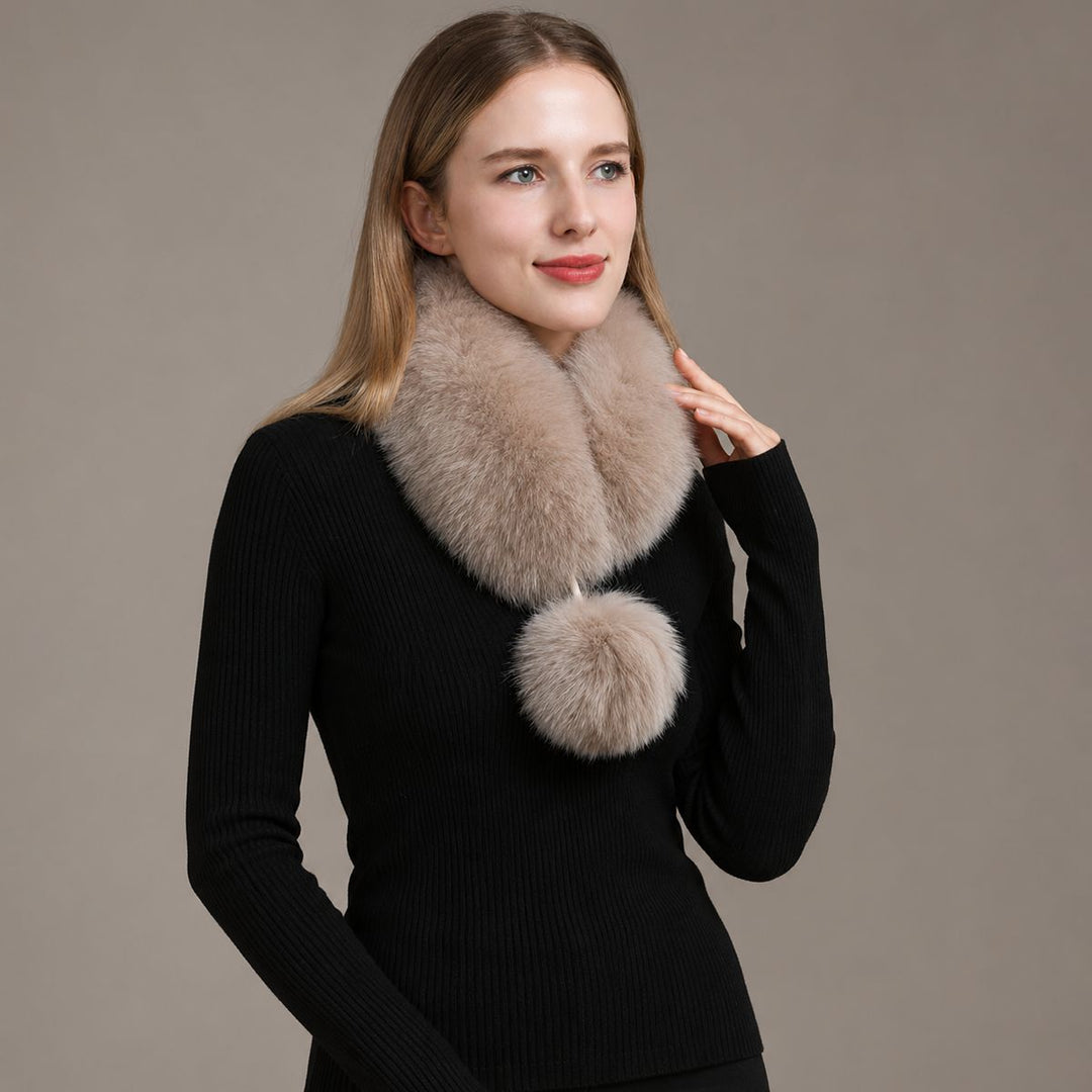 Women’s Real Fox Fur Scarf with Pom-Pom Genuine Fur Collar Neck Warmer