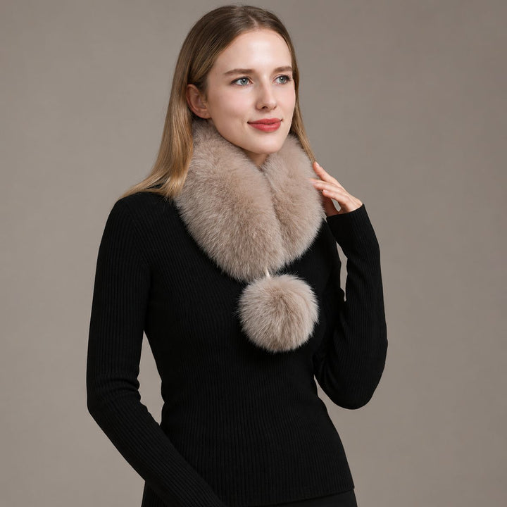 Women’s Real Fox Fur Scarf with Pom-Pom Genuine Fur Collar Neck Warmer