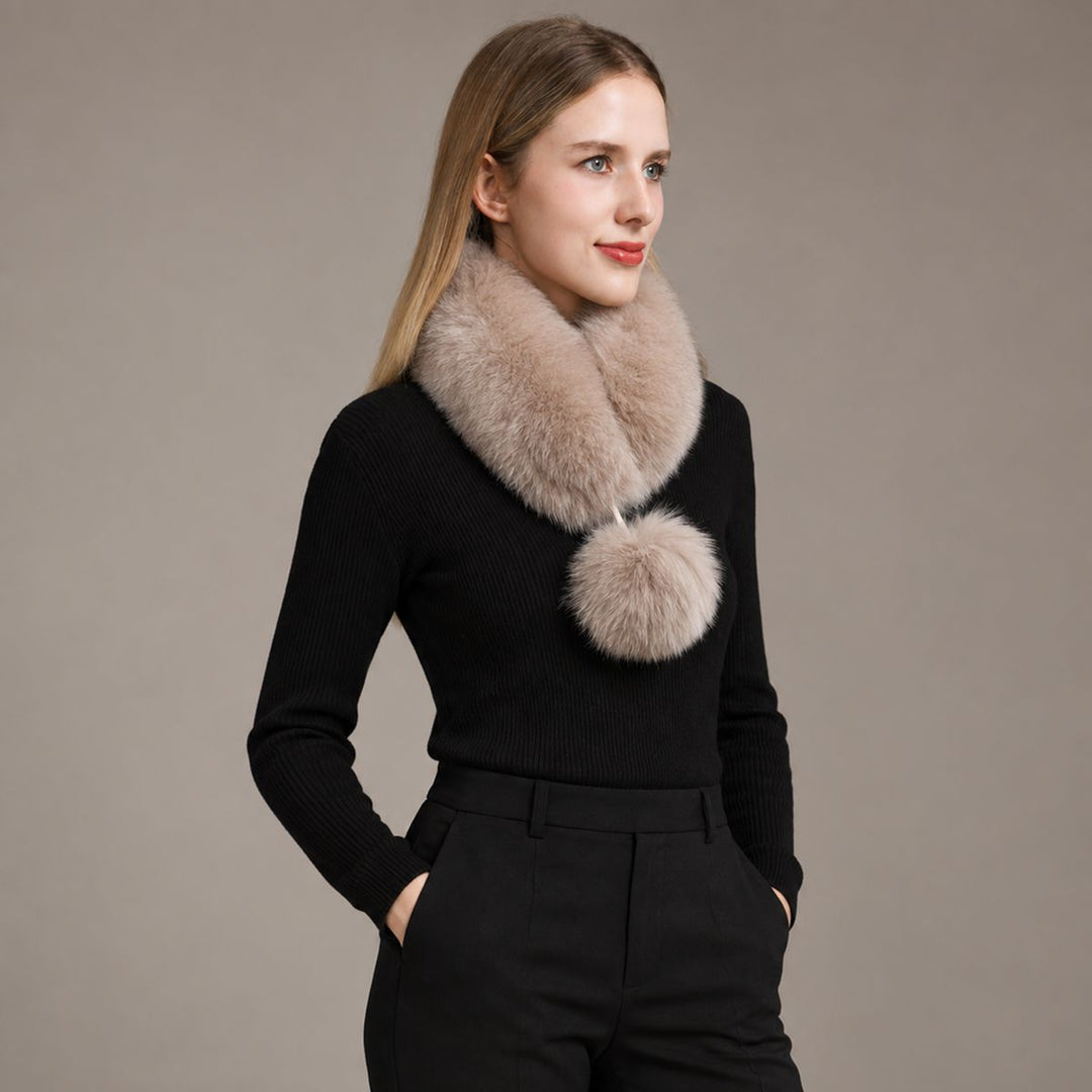 Women’s Real Fox Fur Scarf with Pom-Pom Genuine Fur Collar Neck Warmer