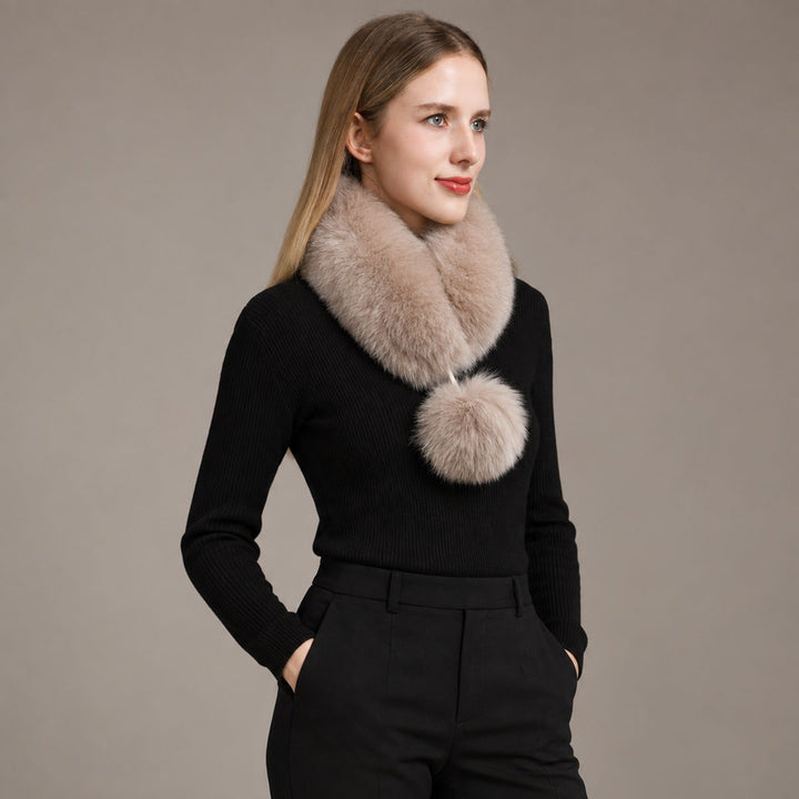 Women’s Real Fox Fur Scarf with Pom-Pom Genuine Fur Collar Neck Warmer