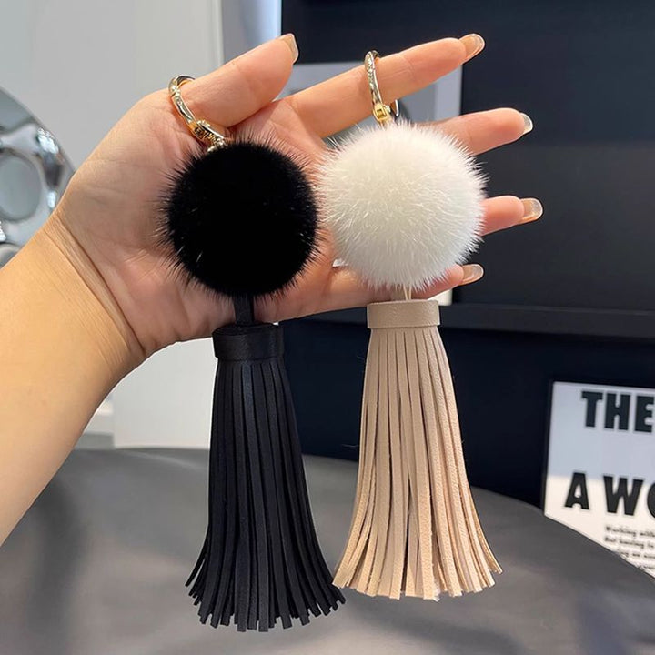 Real Mink Fur Pom Pom Tassel Keychain Fluffy Bag Charm Leather Key Ring