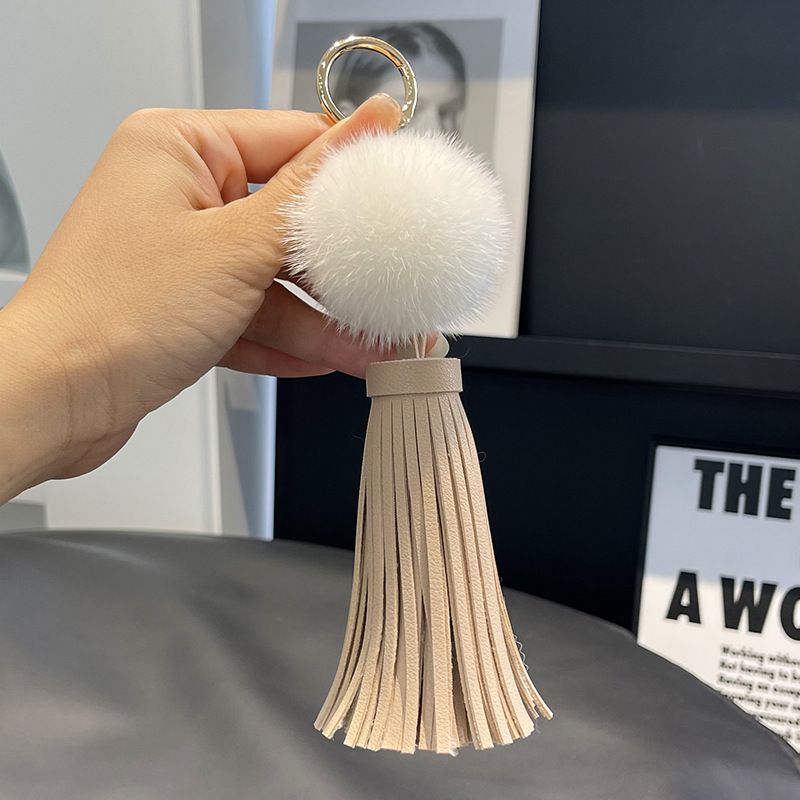 Real Mink Fur Pom Pom Tassel Keychain Fluffy Bag Charm Leather Key Ring