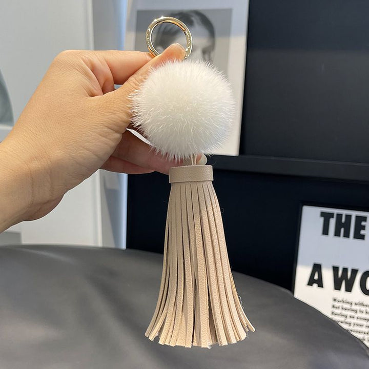 Real Mink Fur Pom Pom Tassel Keychain Fluffy Bag Charm Leather Key Ring