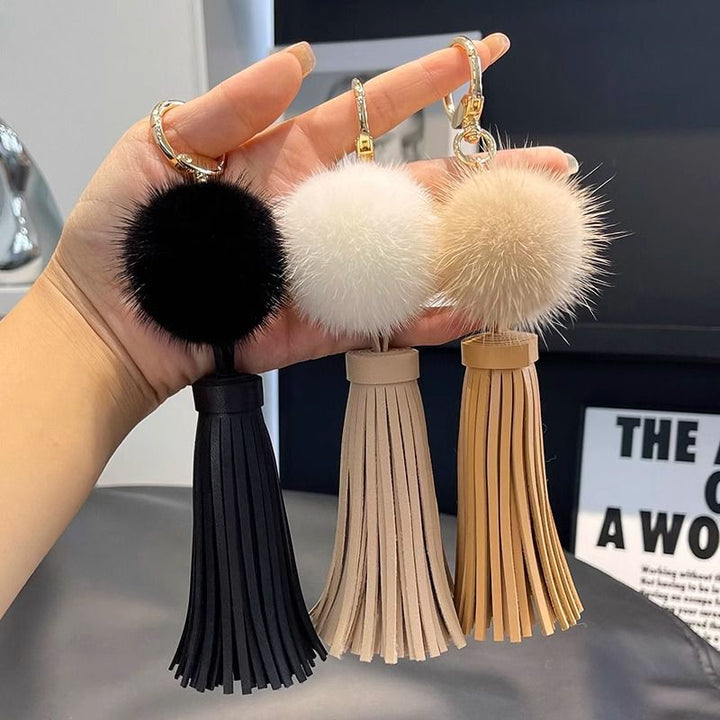 Real Mink Fur Pom Pom Tassel Keychain Fluffy Bag Charm Leather Key Ring