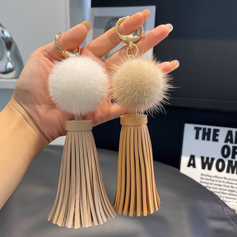 Real Mink Fur Pom Pom Tassel Keychain Fluffy Bag Charm Leather Key Ring