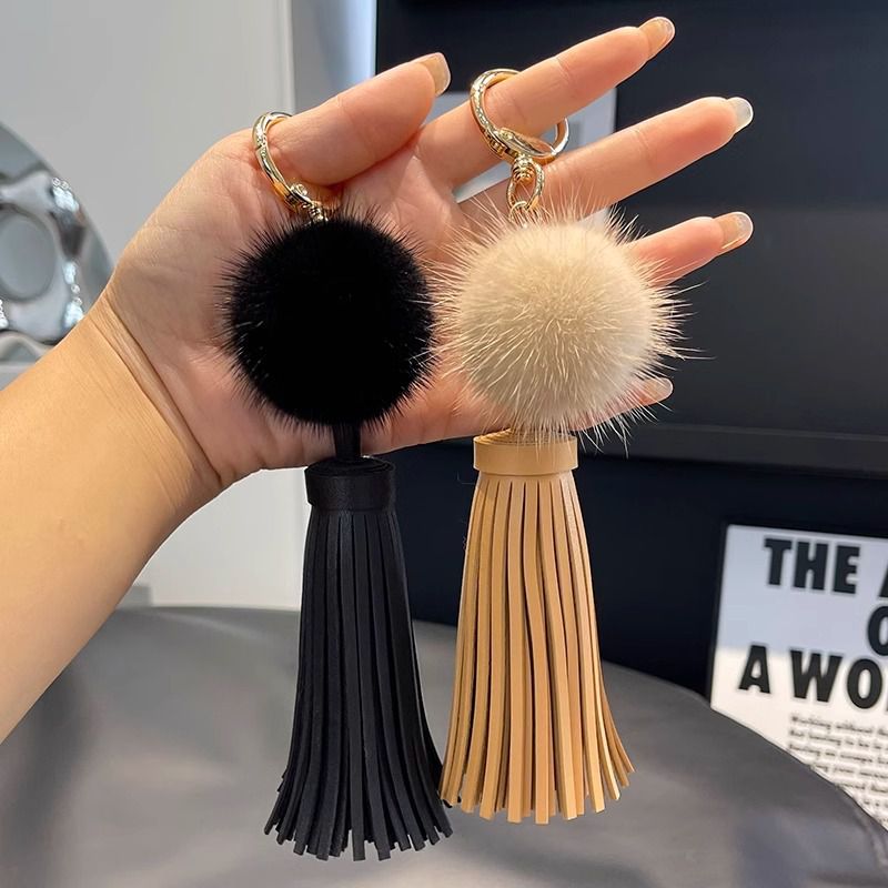 Real Mink Fur Pom Pom Tassel Keychain Fluffy Bag Charm Leather Key Ring
