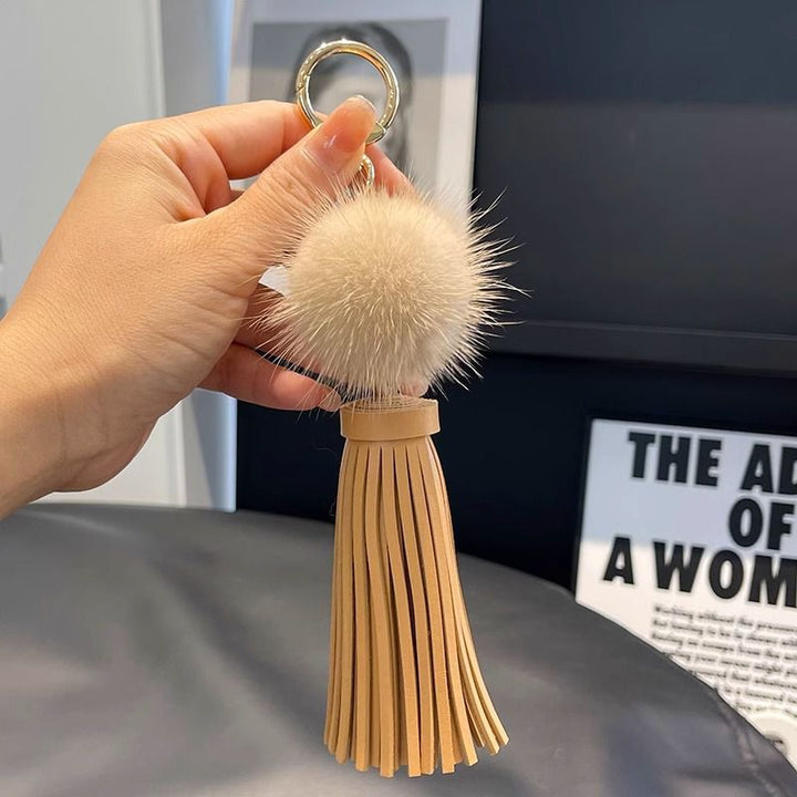 Real Mink Fur Pom Pom Tassel Keychain Fluffy Bag Charm Leather Key Ring