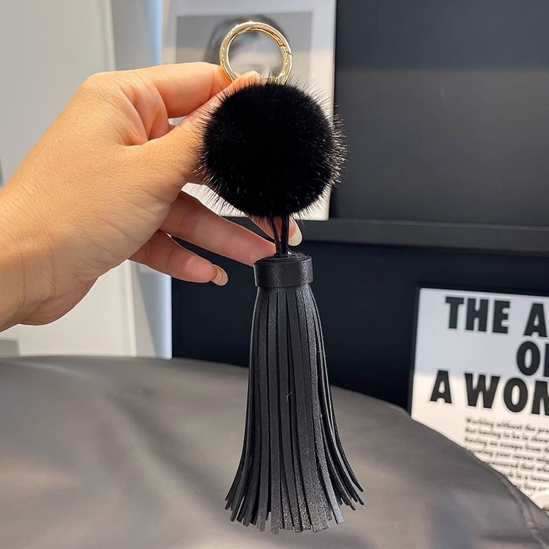 Real Mink Fur Pom Pom Tassel Keychain Fluffy Bag Charm Leather Key Ring
