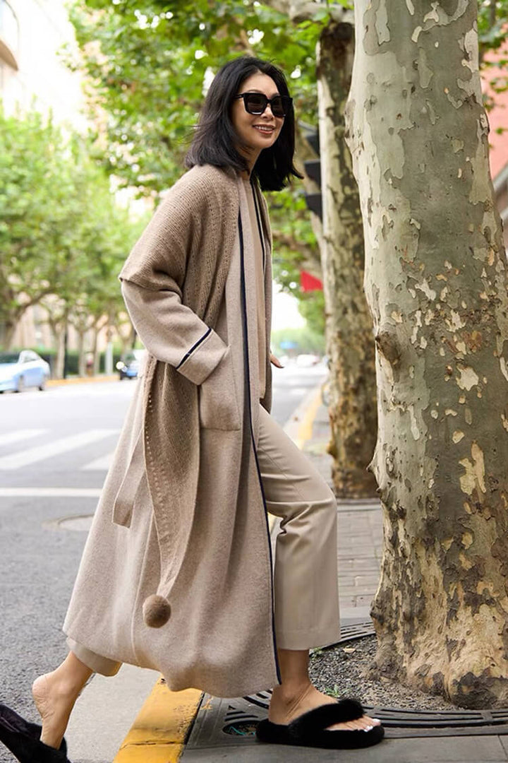 100% Pure Cashmere Pom-Pom Long Triangle Scarf Wrap