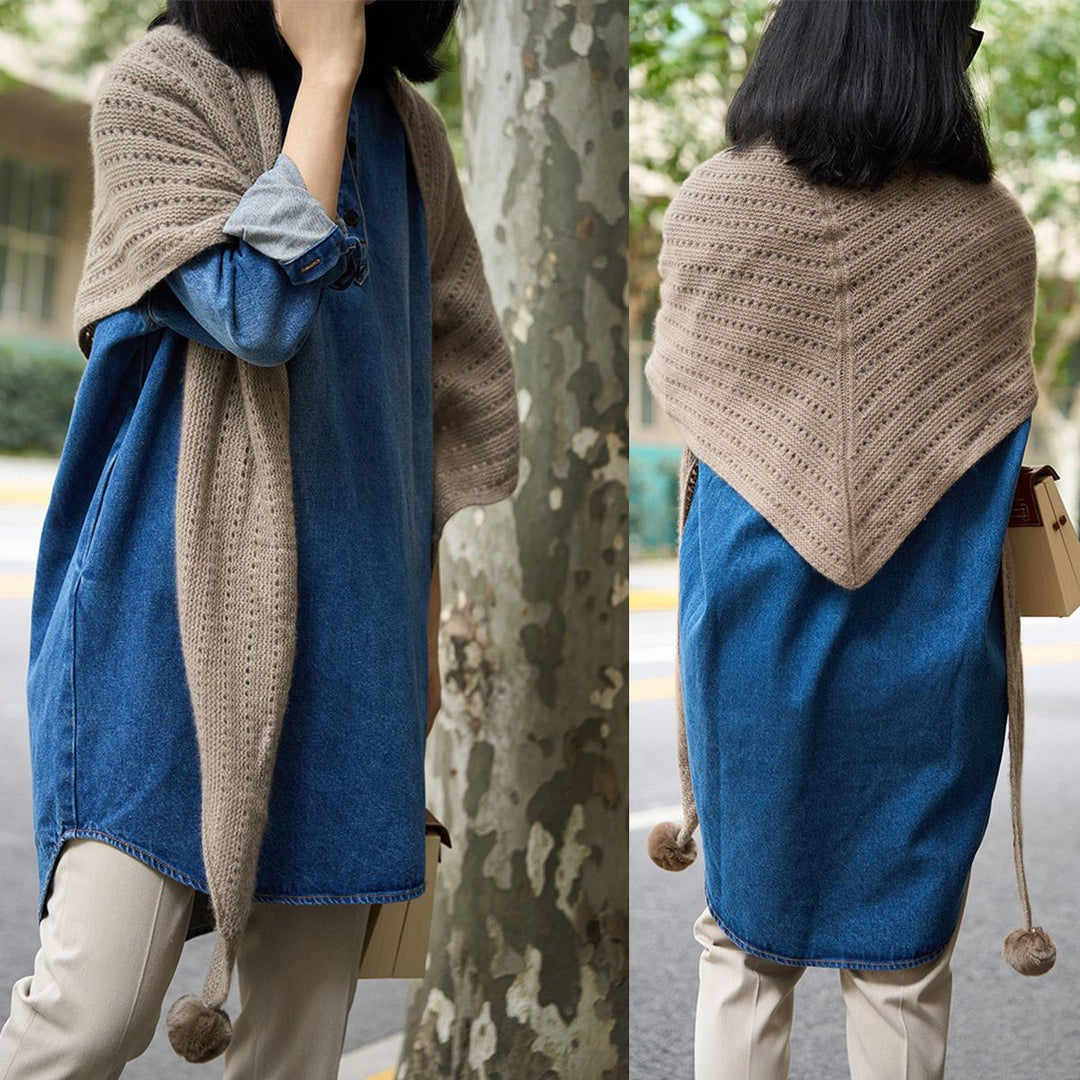 100% Pure Cashmere Pom-Pom Long Triangle Scarf Wrap