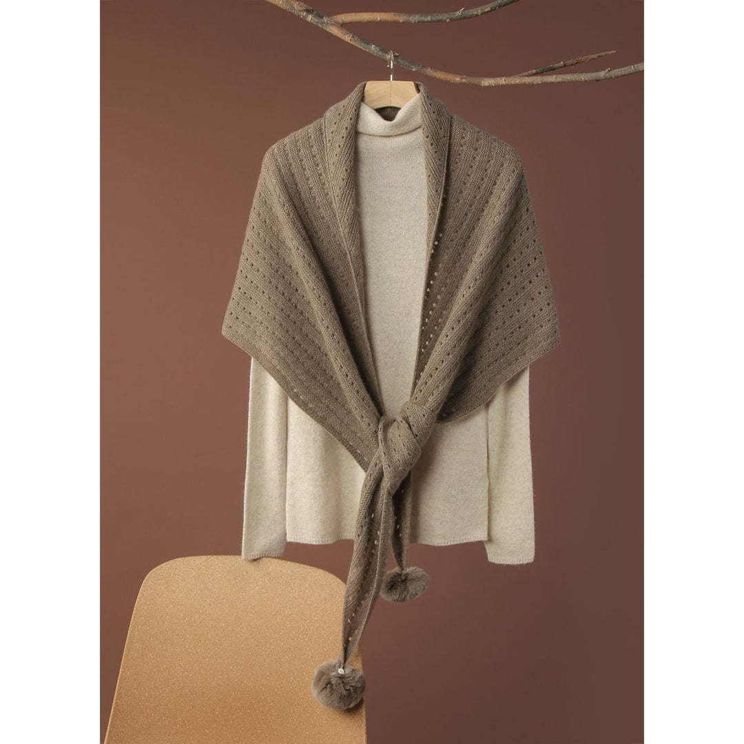 100% Pure Cashmere Pom-Pom Long Triangle Scarf Wrap