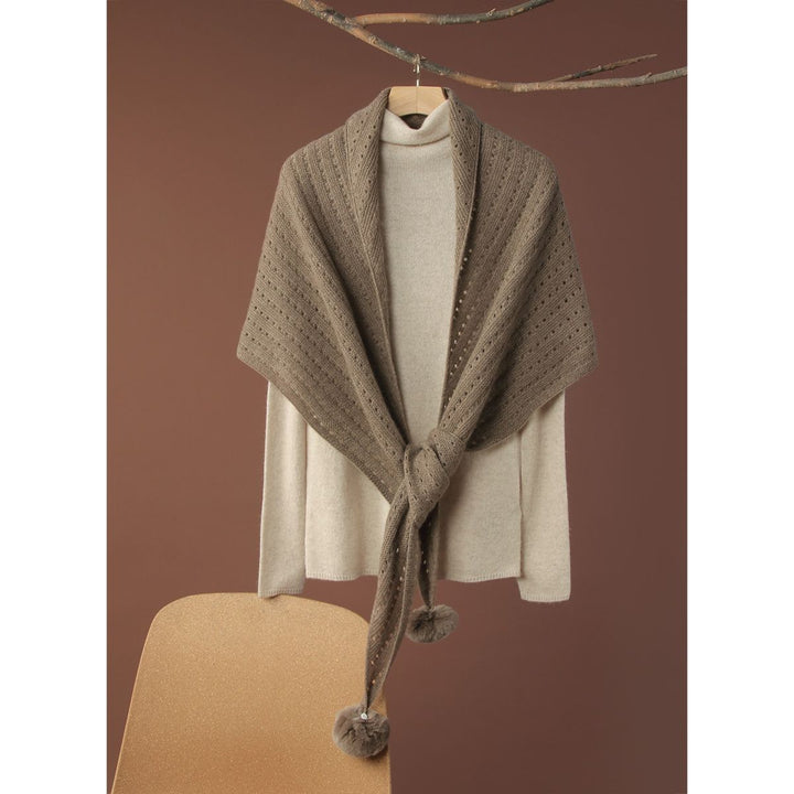 100% Pure Cashmere Pom-Pom Long Triangle Scarf Wrap