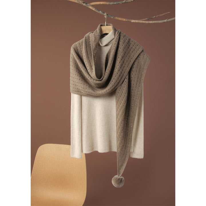100% Pure Cashmere Pom-Pom Long Triangle Scarf Wrap