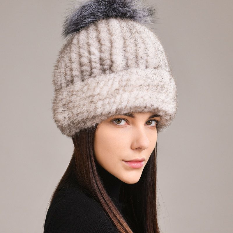 Luxury Real Mink Fur Beanie Hat with Fox Fur Pom-Pom Elegant Winter Knitted Hat for Women