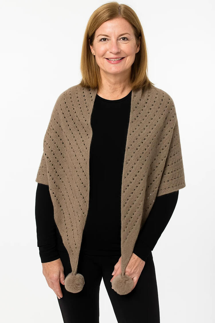 100% Pure Cashmere Pom-Pom Long Triangle Scarf Wrap
