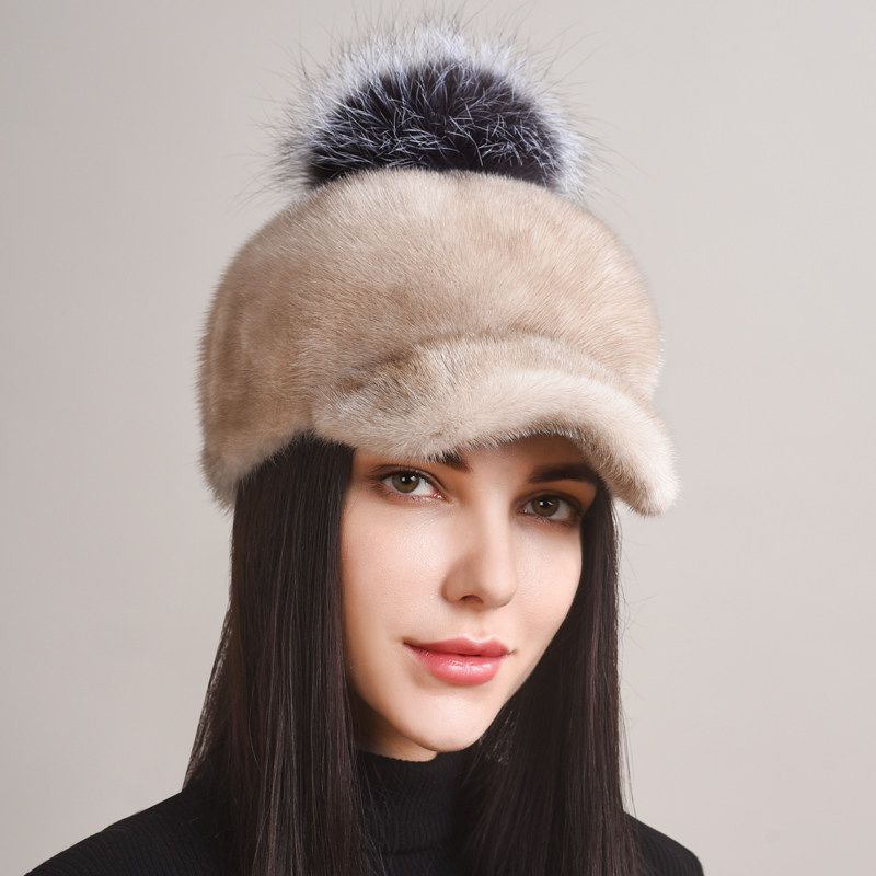 Real Mink Fur Hat with Fox Fur Pom-Pom Women's Luxury Winter Fur Baseball-Style Cap for Cold Weather