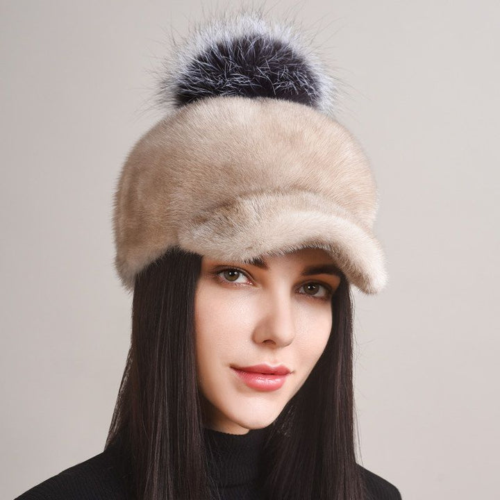 Real Mink Fur Hat with Fox Fur Pom-Pom Women's Luxury Winter Fur Baseball-Style Cap for Cold Weather