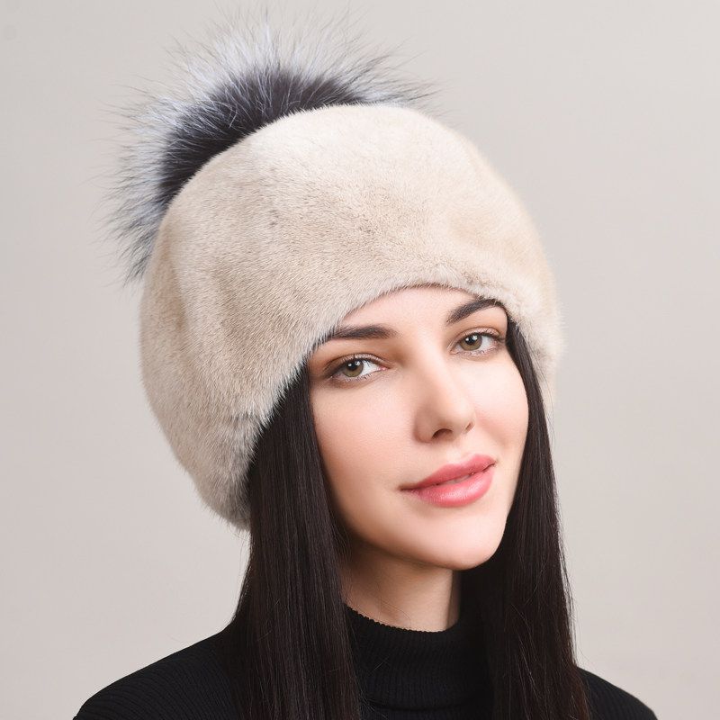Luxury Real Mink Fur Beanie Hat with Fox Fur Pom-Pom Women's Elegant Warm Winter Hat