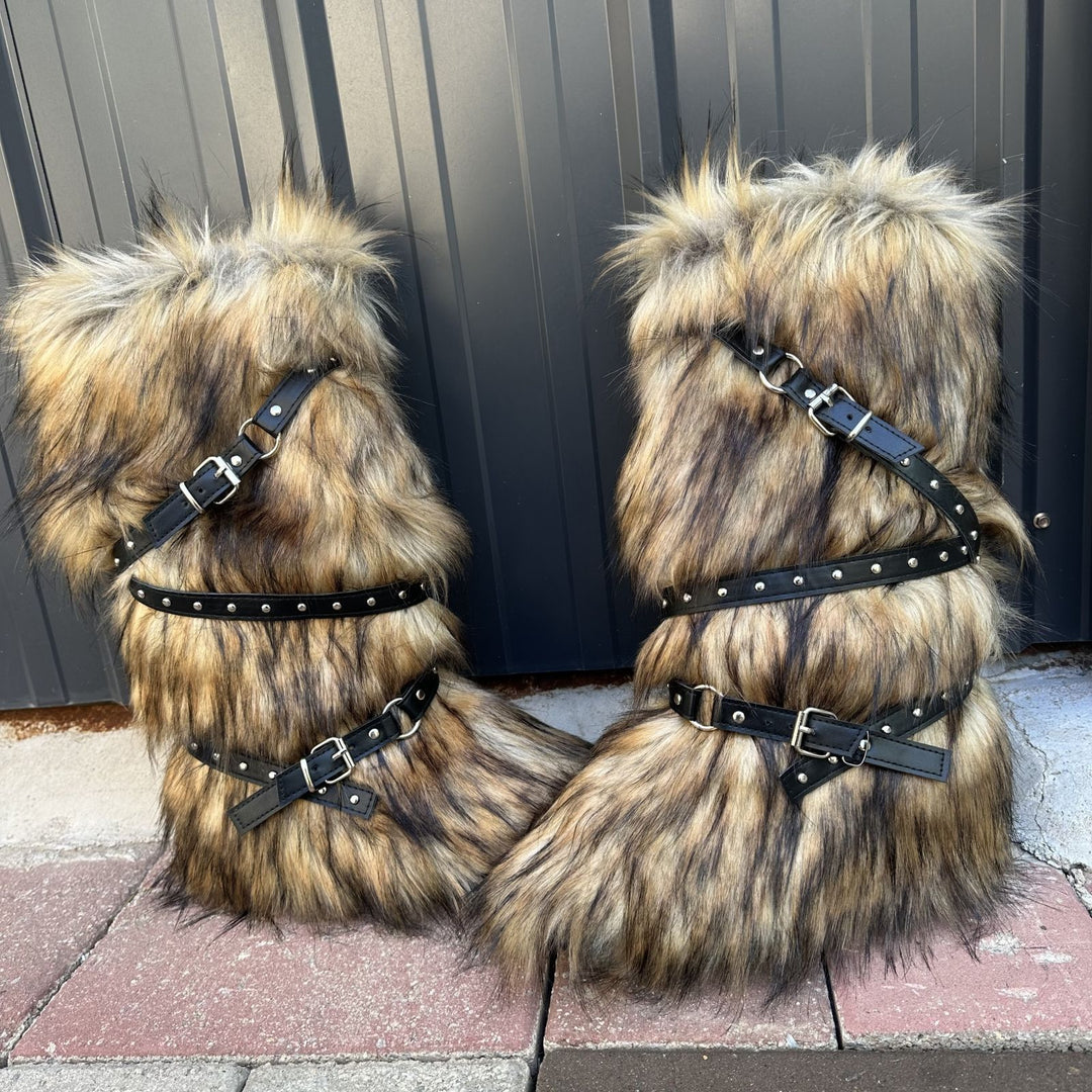 Womens Faux Fur Boot Winter Fluffy Long Furry Boots for Girls Outdoor Fuzzy Knee-High Sexy Snow Boots with Cross Straps and Buckle