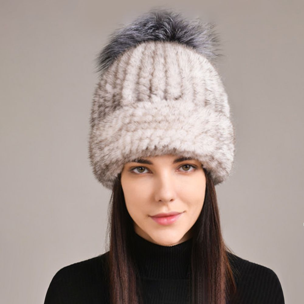 Luxury Real Mink Fur Beanie Hat with Fox Fur Pom-Pom Elegant Winter Knitted Hat for Women