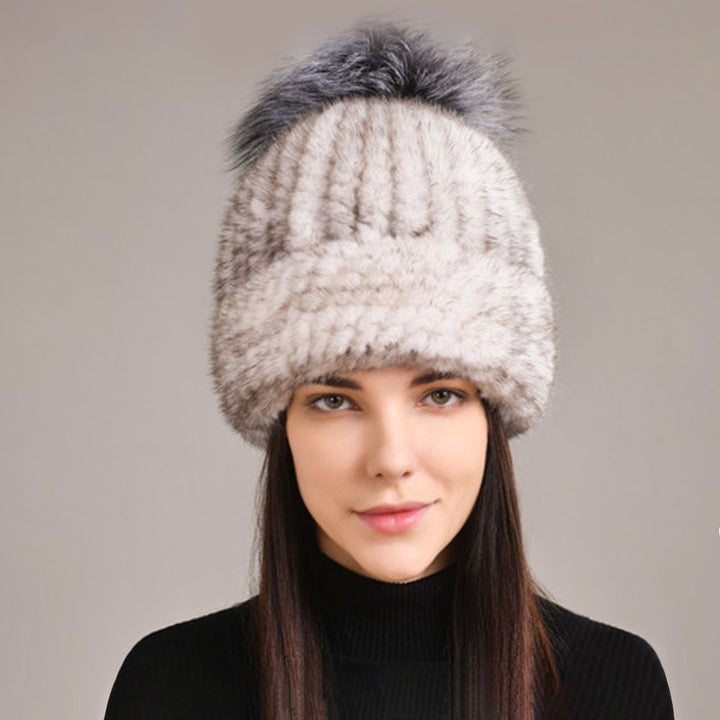 Luxury Real Mink Fur Beanie Hat with Fox Fur Pom-Pom Elegant Winter Knitted Hat for Women