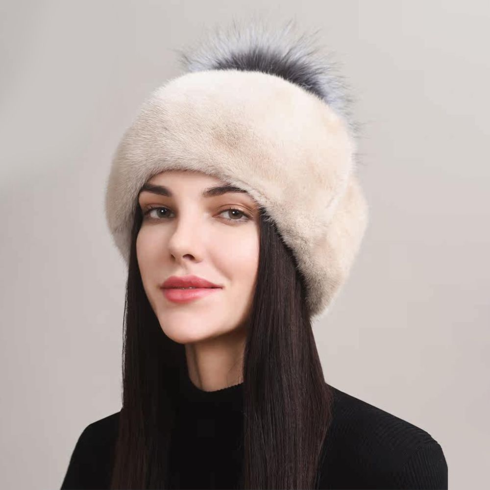 Luxury Real Mink Fur Beanie Hat with Fox Fur Pom-Pom Women's Elegant Warm Winter Hat