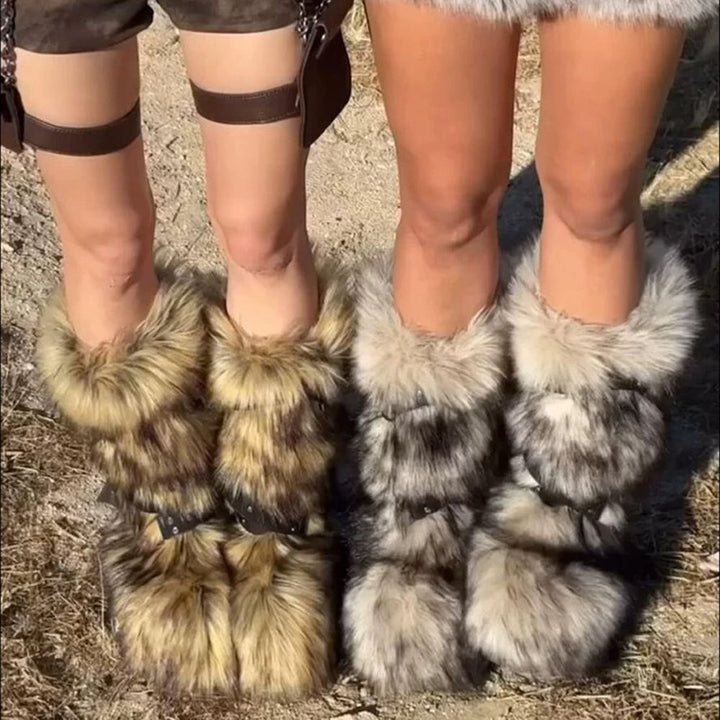 Womens Faux Fur Boot Winter Fluffy Long Furry Boots for Girls Outdoor Fuzzy Knee-High Sexy Snow Boots with Cross Straps and Buckle