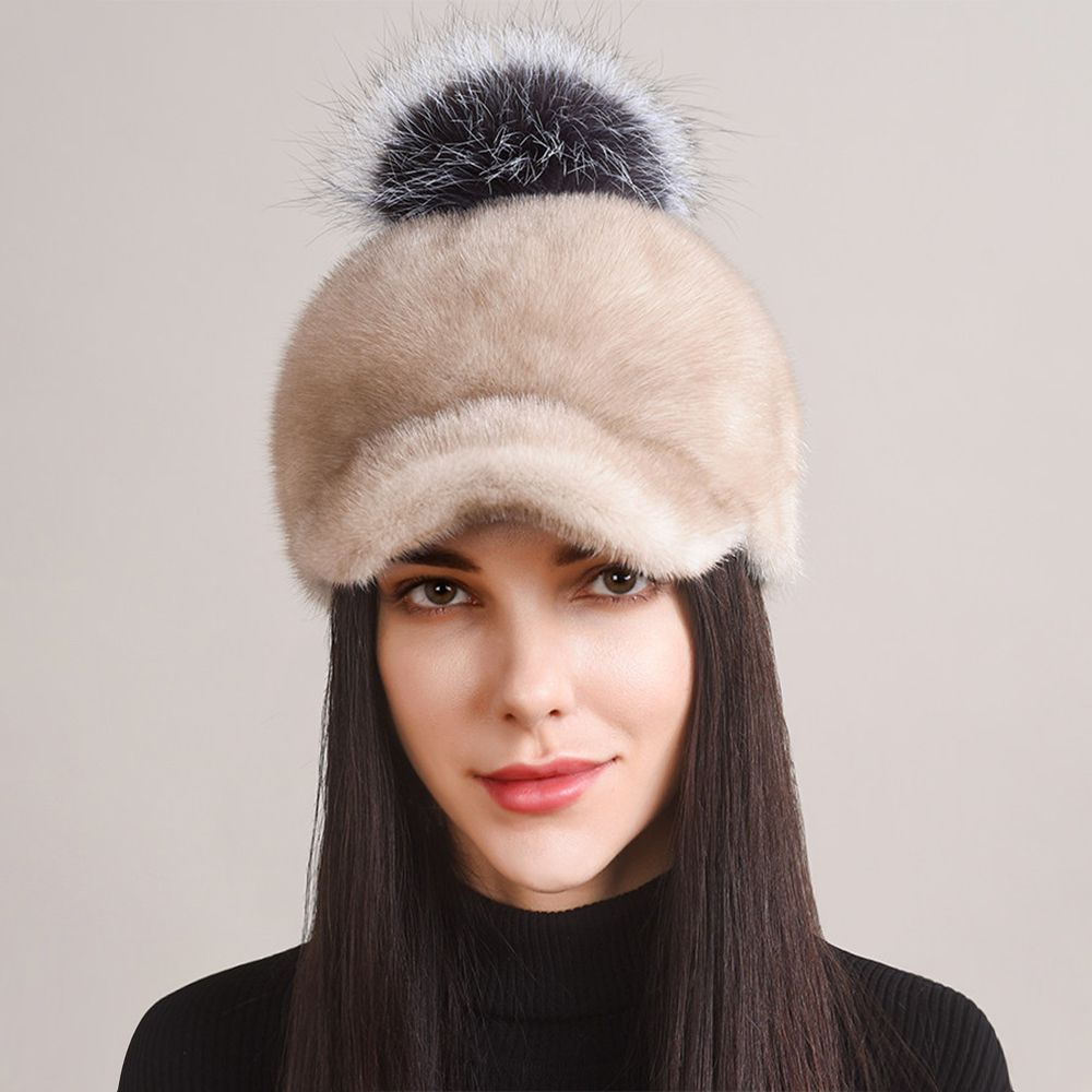 Real Mink Fur Hat with Fox Fur Pom-Pom Women's Luxury Winter Fur Baseball-Style Cap for Cold Weather