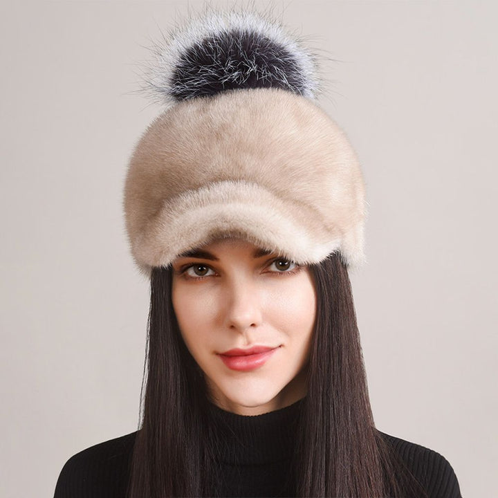 Real Mink Fur Hat with Fox Fur Pom-Pom Women's Luxury Winter Fur Baseball-Style Cap for Cold Weather
