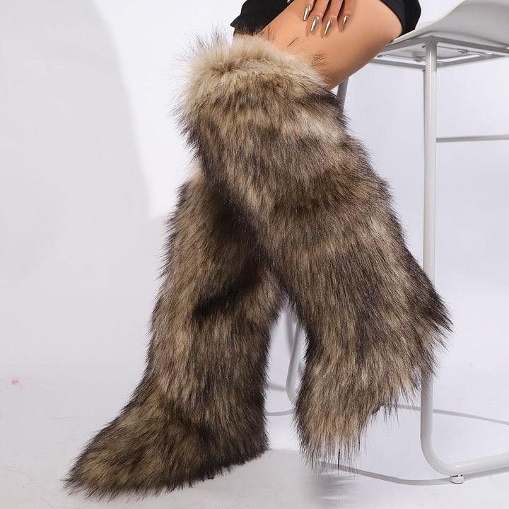 Womens Faux Fur Boot Winter Fluffy Long Furry Boots for Girls Outdoor Fuzzy Knee-High Boots