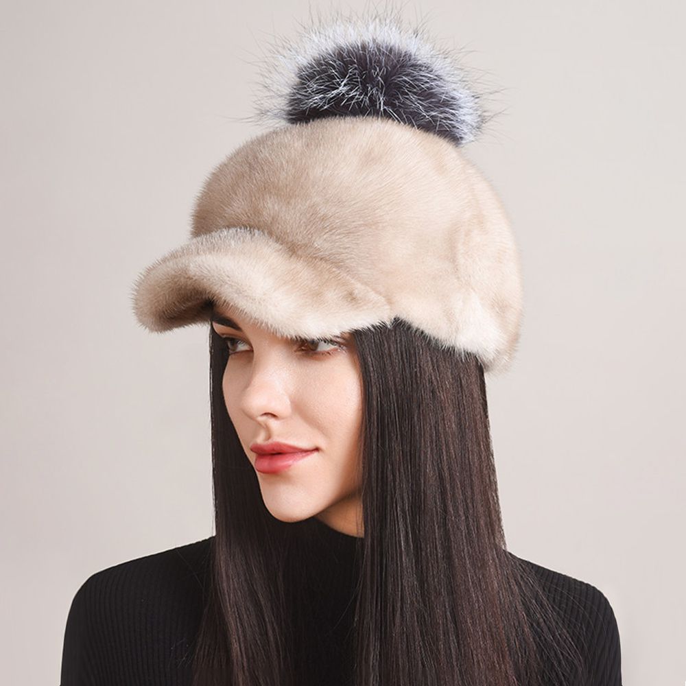 Real Mink Fur Hat with Fox Fur Pom-Pom Women's Luxury Winter Fur Baseball-Style Cap for Cold Weather