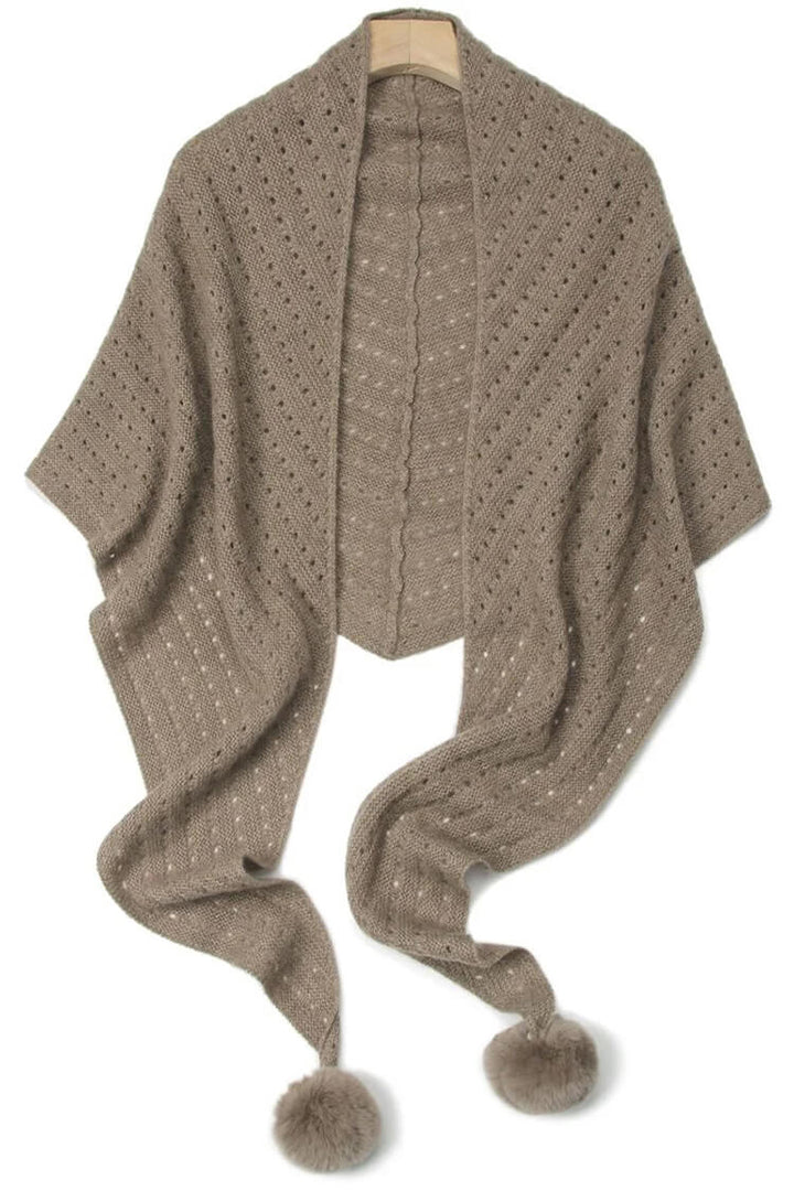 100% Pure Cashmere Pom-Pom Long Triangle Scarf Wrap