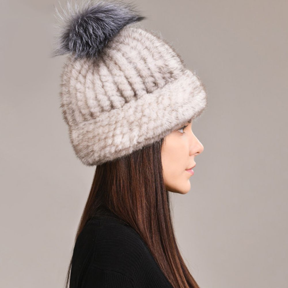 Luxury Real Mink Fur Beanie Hat with Fox Fur Pom-Pom Elegant Winter Knitted Hat for Women
