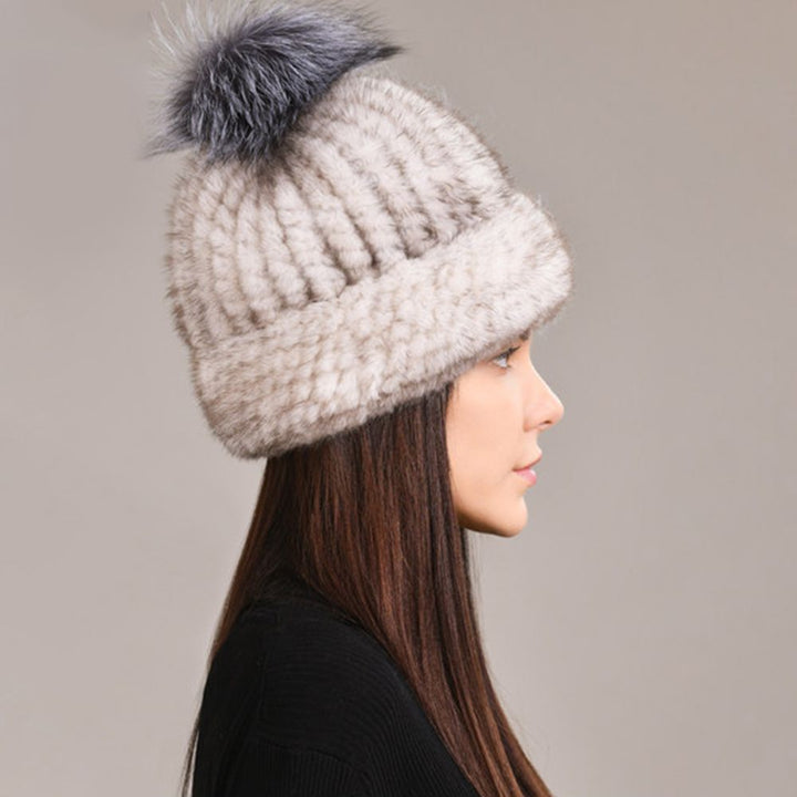 Luxury Real Mink Fur Beanie Hat with Fox Fur Pom-Pom Elegant Winter Knitted Hat for Women