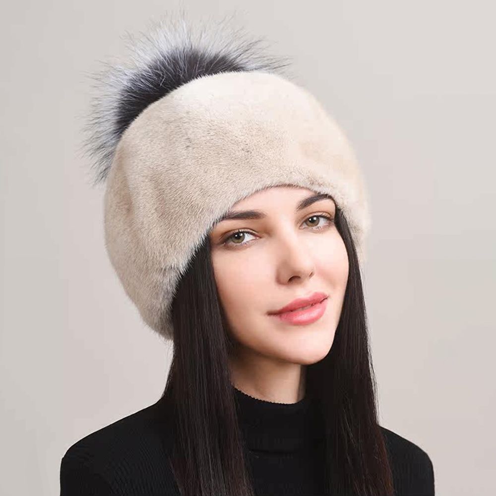 Luxury Real Mink Fur Beanie Hat with Fox Fur Pom-Pom Women's Elegant Warm Winter Hat