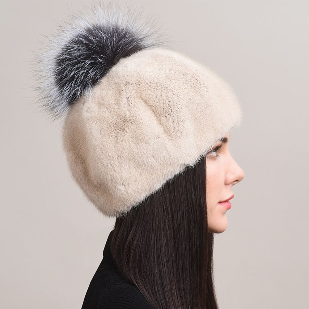 Luxury Real Mink Fur Beanie Hat with Fox Fur Pom-Pom Women's Elegant Warm Winter Hat
