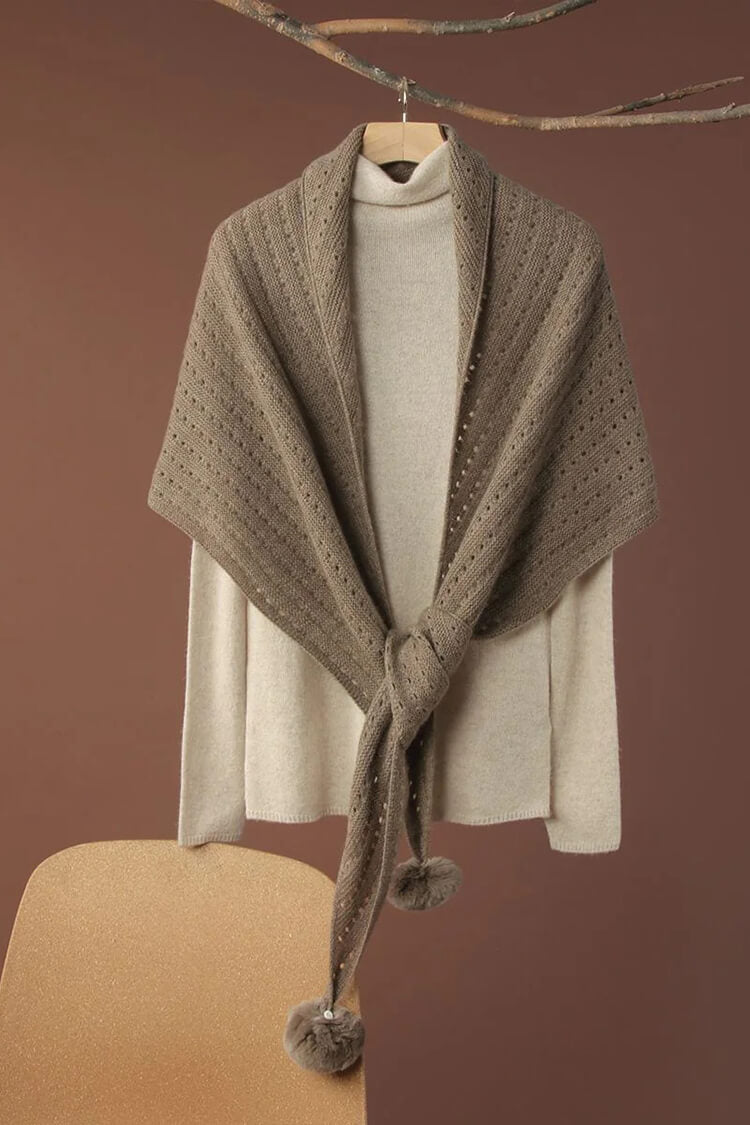 100% Pure Cashmere Pom-Pom Long Triangle Scarf Wrap